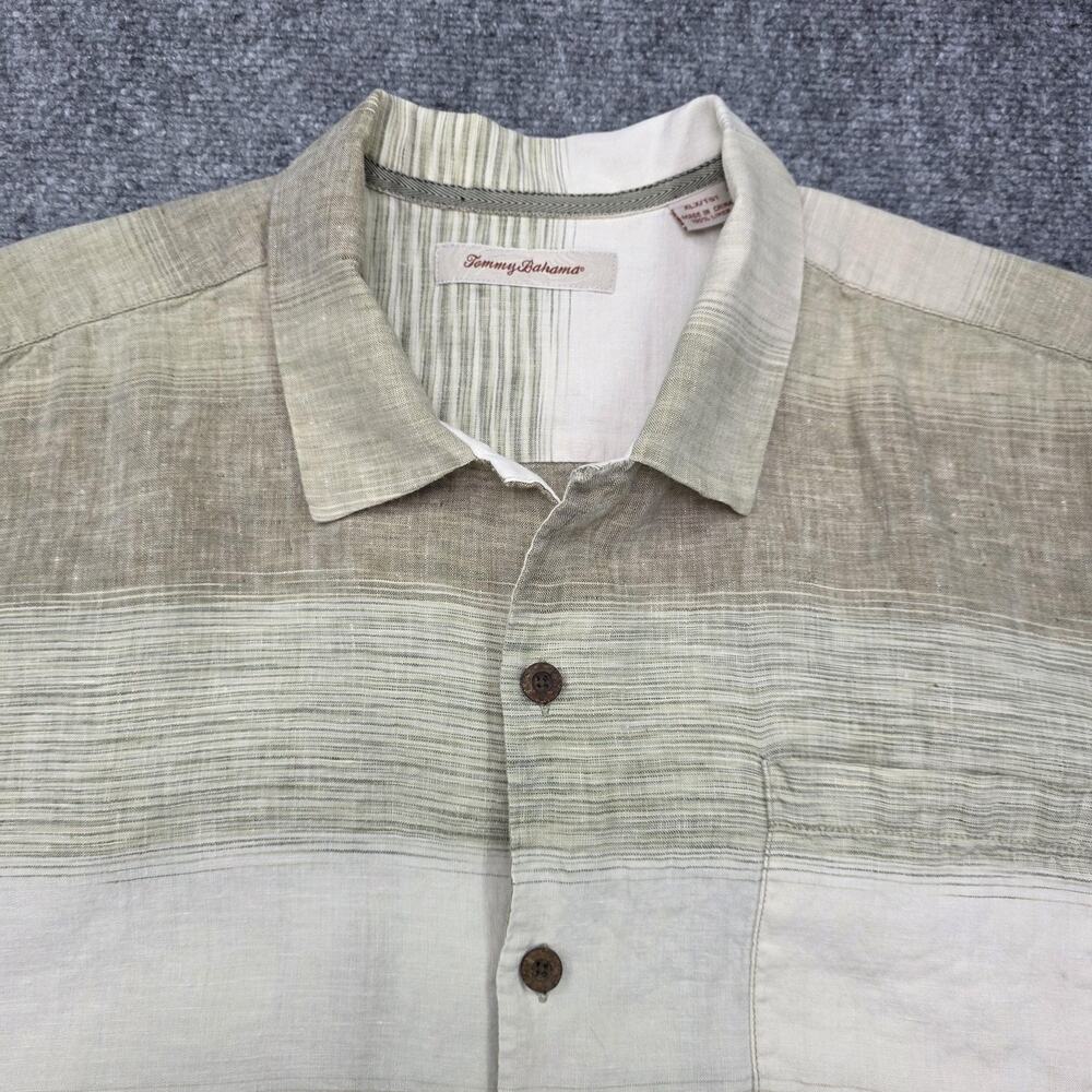 Tommy Bahama Shirt Mens XL X Beige Striped Linen Short Sleeve Button Front Camp